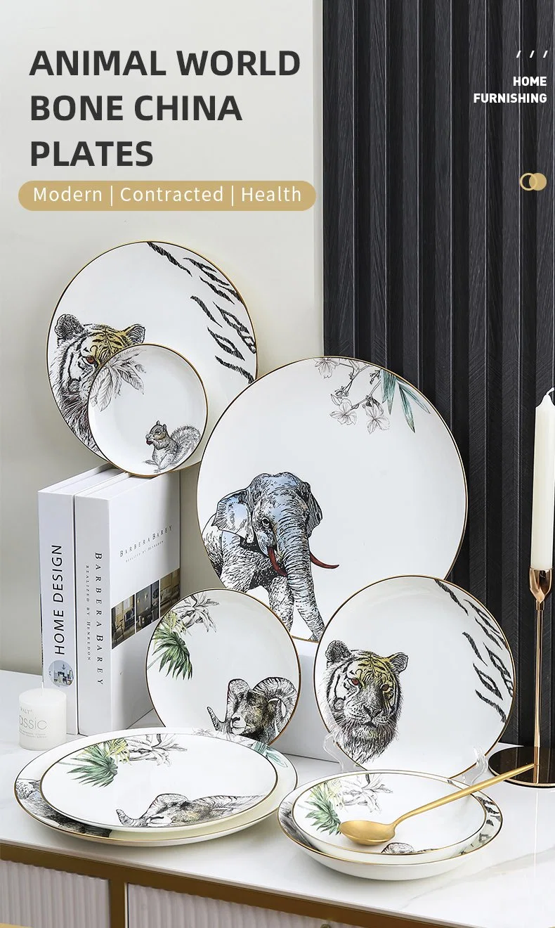 Animal Decal Sample Customization Ceramic Charger Plate Porcelain Bone China Plate Dish Set Dinner Set