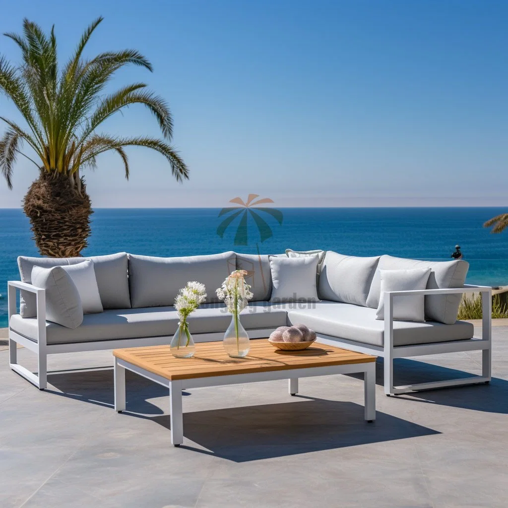 2023 Living Outdoor L-Shape Sectional Sofa Set Modern Furniture Garden Outdoor Furniture Aluminum Teak Sofa