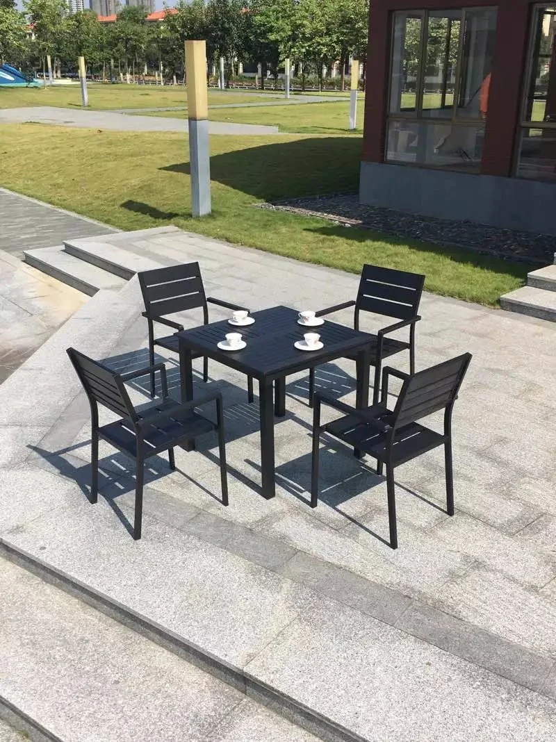 6+1 Good Quality Bali Outdoor Teak Look Outdoor Furniture Dining 9 PCS Plastic Wood Stacked Tables and Chairs Garden Sets