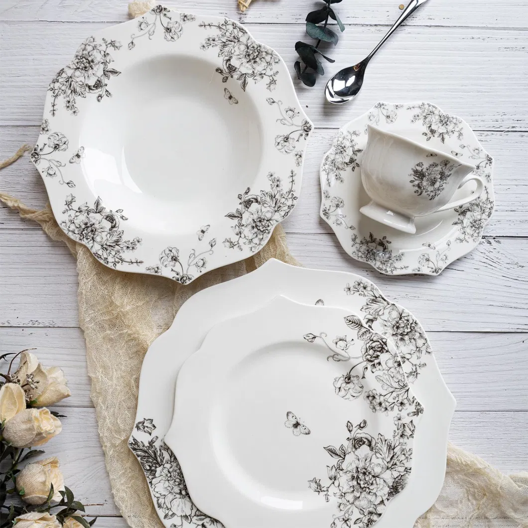 Wave Shape Natual Floral Plant Printing New Bone China Dinnerware Set 18/30PCS Dinner Set-Service for 6 Persons