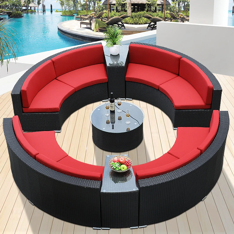 All Weather Outdoor Furniture Waterproof Semicircle Tea Table Wicker Patio Garden Big Rattan Round Sofa Sets