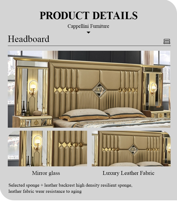 Classic Royal Luxury Gold King Size Double Bed Villa Home Master Room Queen MDF Wooden Full Set Bedroom Furniture