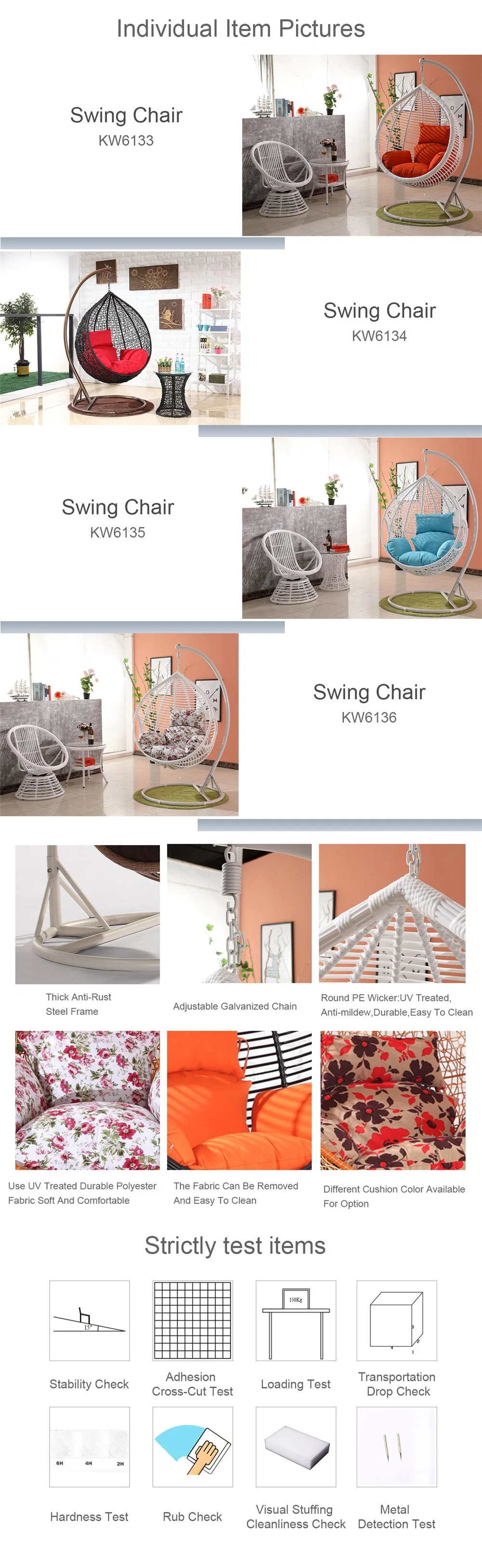 Factory OEM Thick Wicker PE Rattan Outdoor Furniture Garden Leisure Metal Swing Hanging Chairs