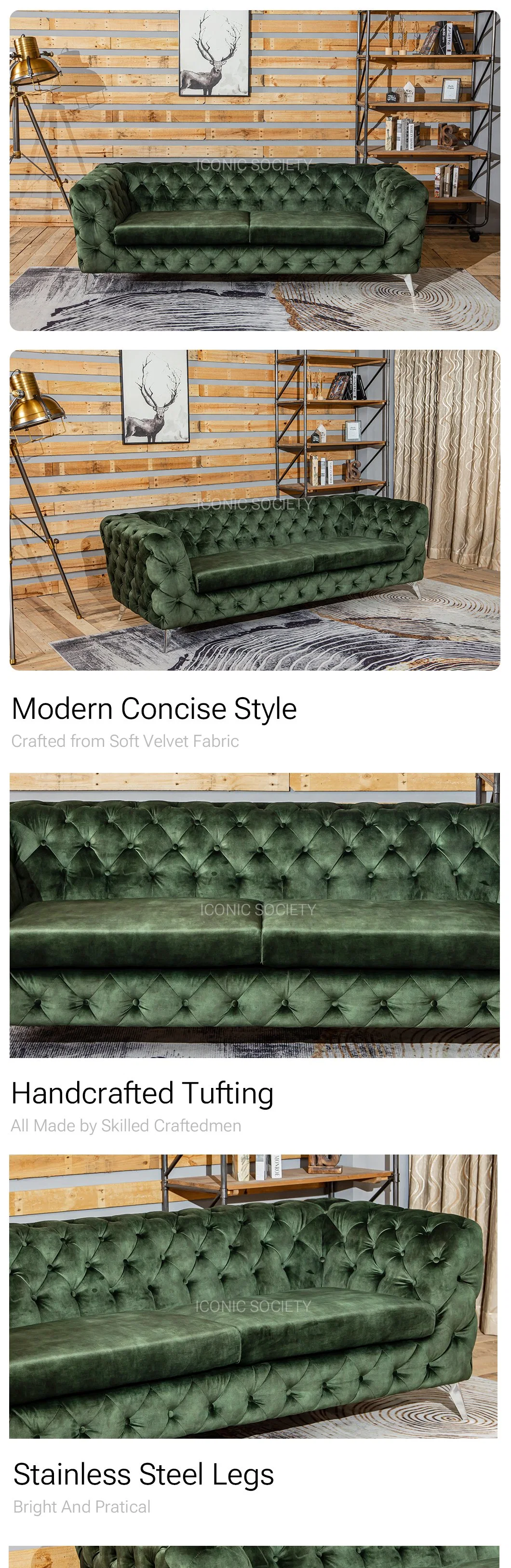 Modern Living Room Furniture Hotel Luxury Leisure Button Tufted Chesterfield Couch Velvet Fabric Sofa Set Furniture