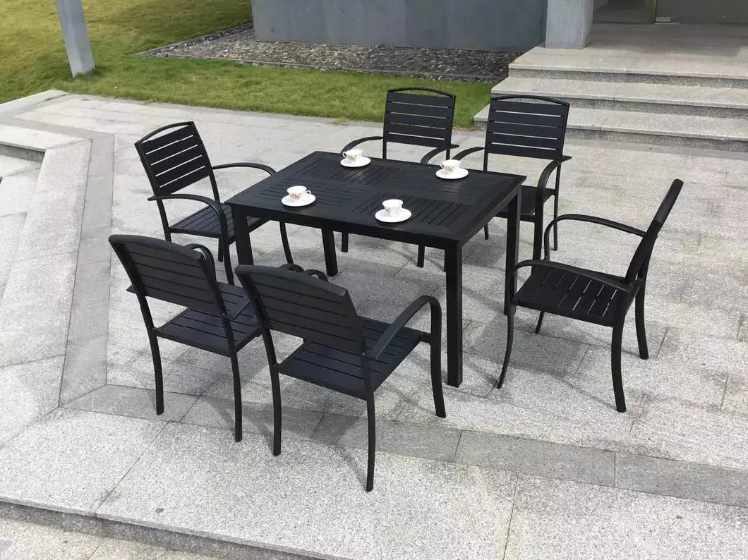 6+1 Good Quality Bali Outdoor Teak Look Outdoor Furniture Dining 9 PCS Plastic Wood Stacked Tables and Chairs Garden Sets