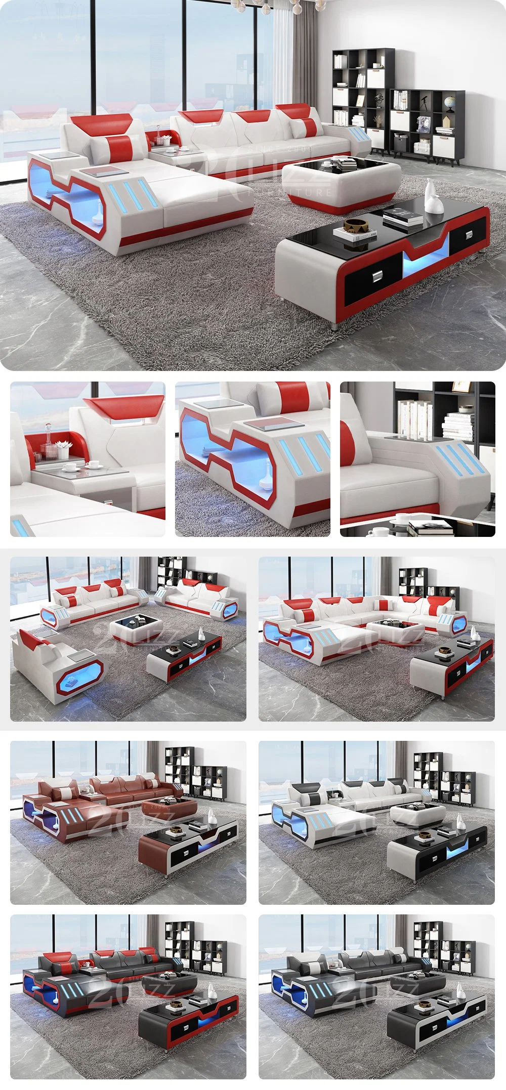 Unique Modular L Shape Sectional Commercial Leather Sofa Furniture Set with Headrest