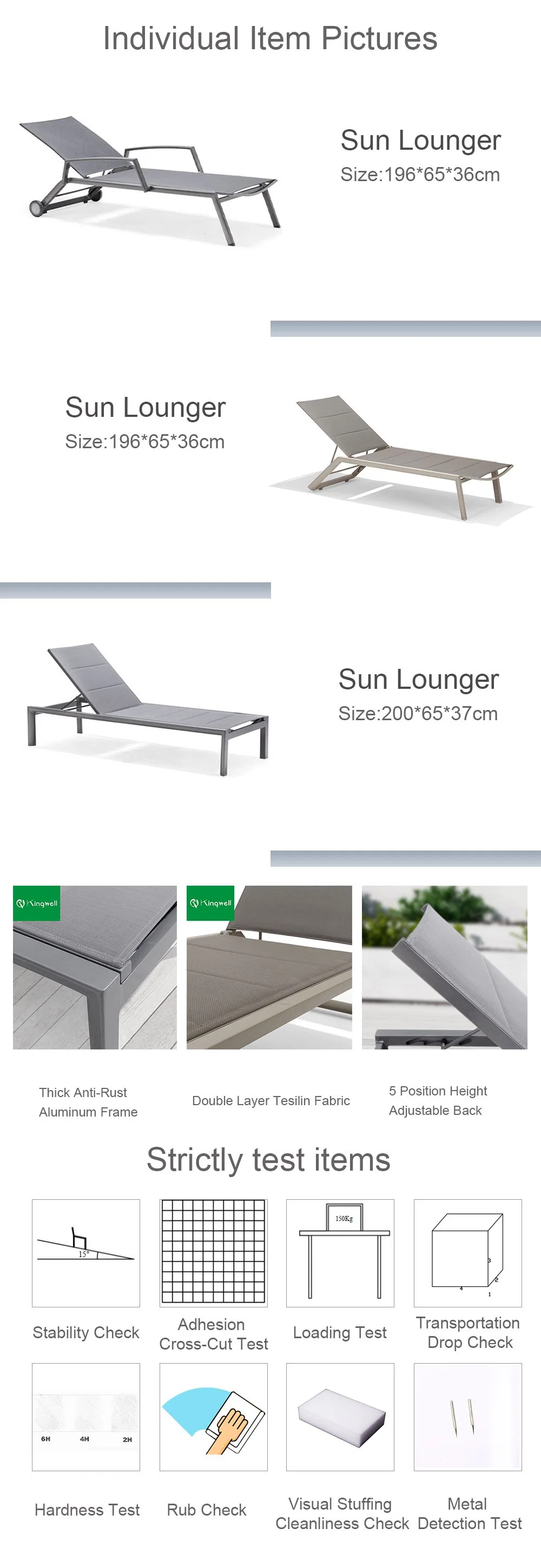 UV Resistant Luxury Chaise Lounge Aluminum Beach Bed Single Pool Chair Tesilin Sun Lounger