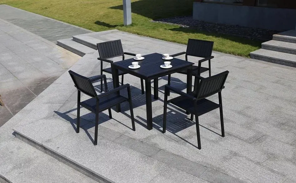 6+1 Good Quality Bali Outdoor Teak Look Outdoor Furniture Dining 9 PCS Plastic Wood Stacked Tables and Chairs Garden Sets