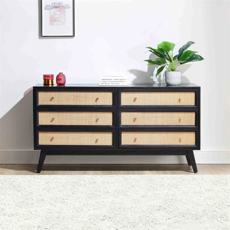 New in Black Painting Wood with Natural Cane 6 Drawer Chest Large Storage Rattan Cabinet for Home Living Room Bedroom Hotel Furniture