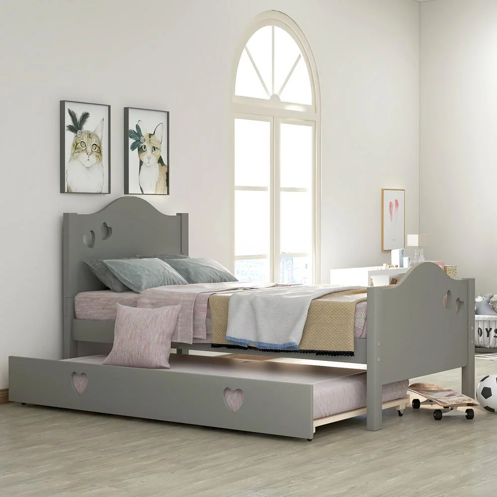 No. 13051 Gray with Trundle Loving Twin Size Kid Platform Bed