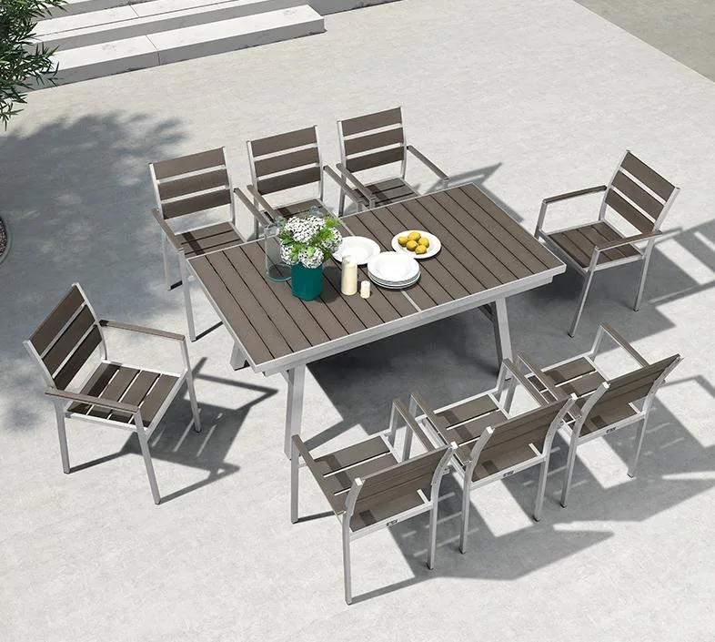 New Design Stainless Steel Dining Table Set for Outdoor Patio Terrace Garden Furnture Patio Dining Sets for Poly Wood Table and Chair Rattan Furniture