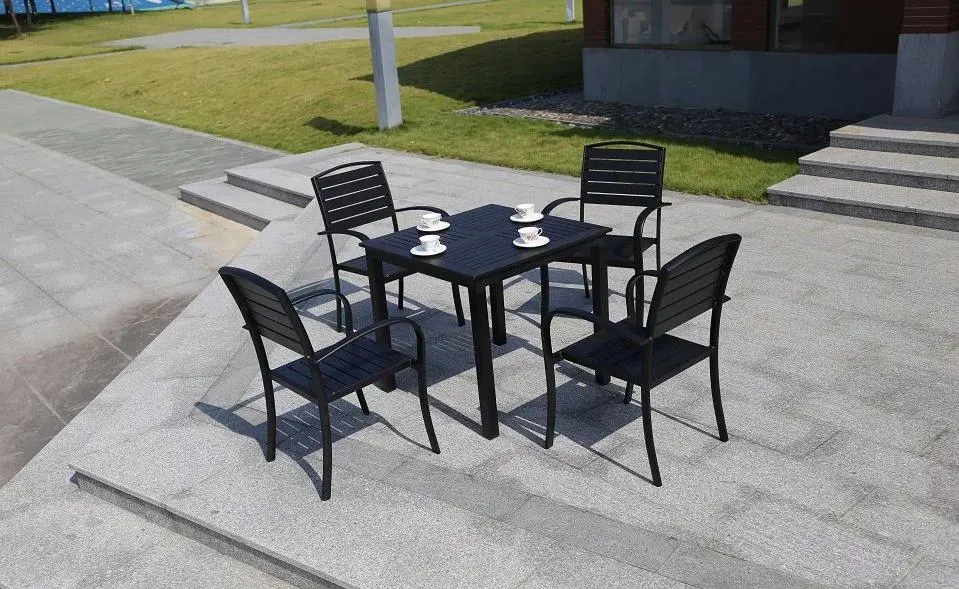 6+1 Good Quality Bali Outdoor Teak Look Outdoor Furniture Dining 9 PCS Plastic Wood Stacked Tables and Chairs Garden Sets