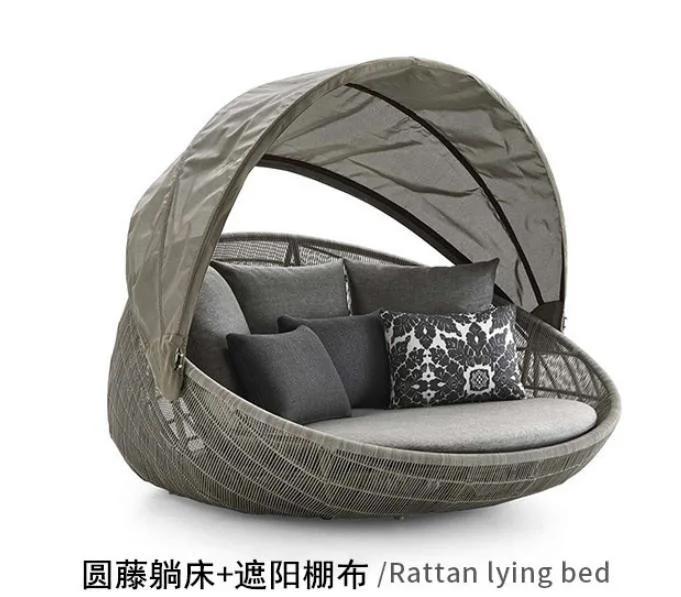Patio Furniture Outdoor Round Daybed with Retractable Canopy Wicker Rattan Sofa