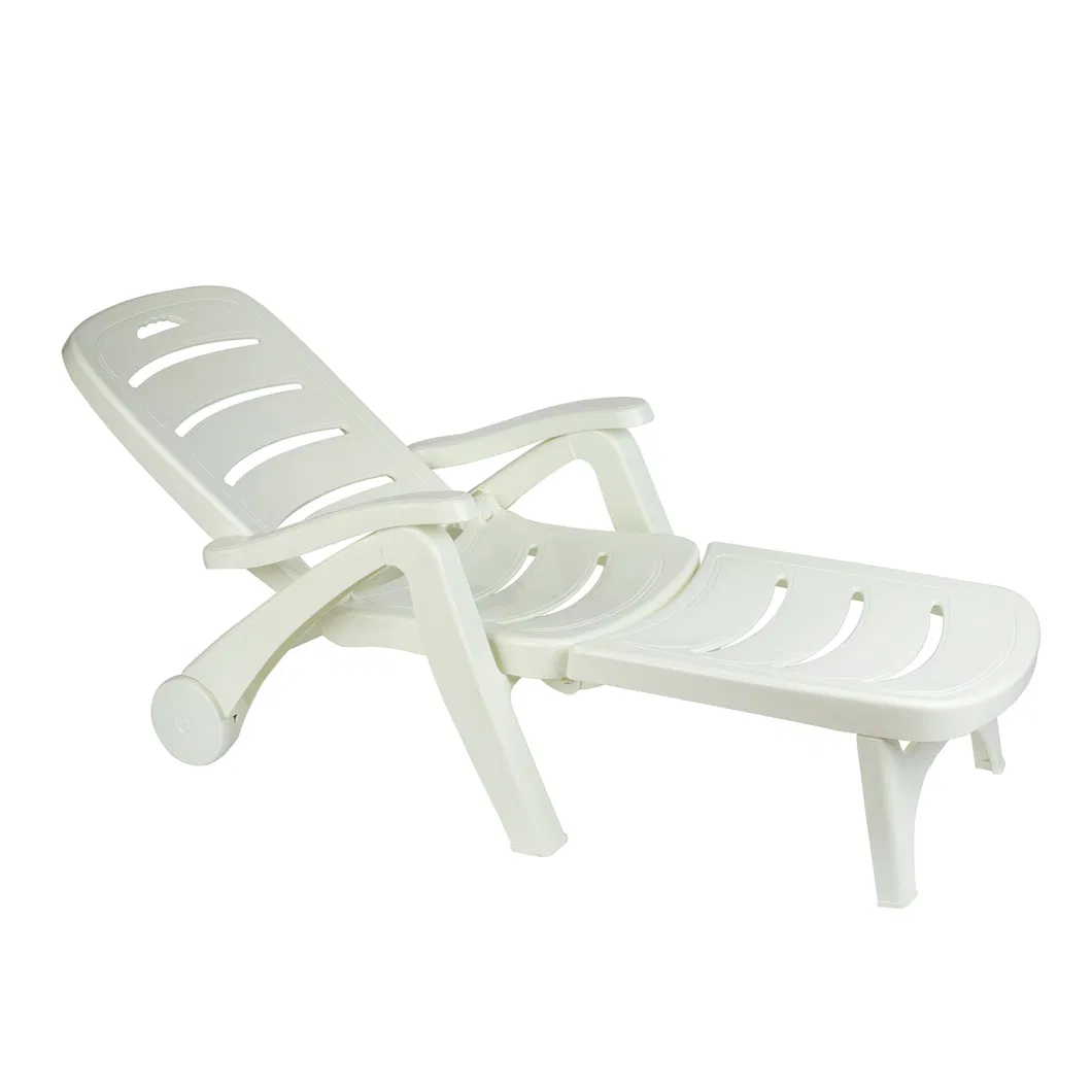Plastic Folding Lounger Chaise Chair on Wheels Outdoor Patio Deck Chair Adjustable Rolling Lounger 5 Position Recliner W/Armrests, White
