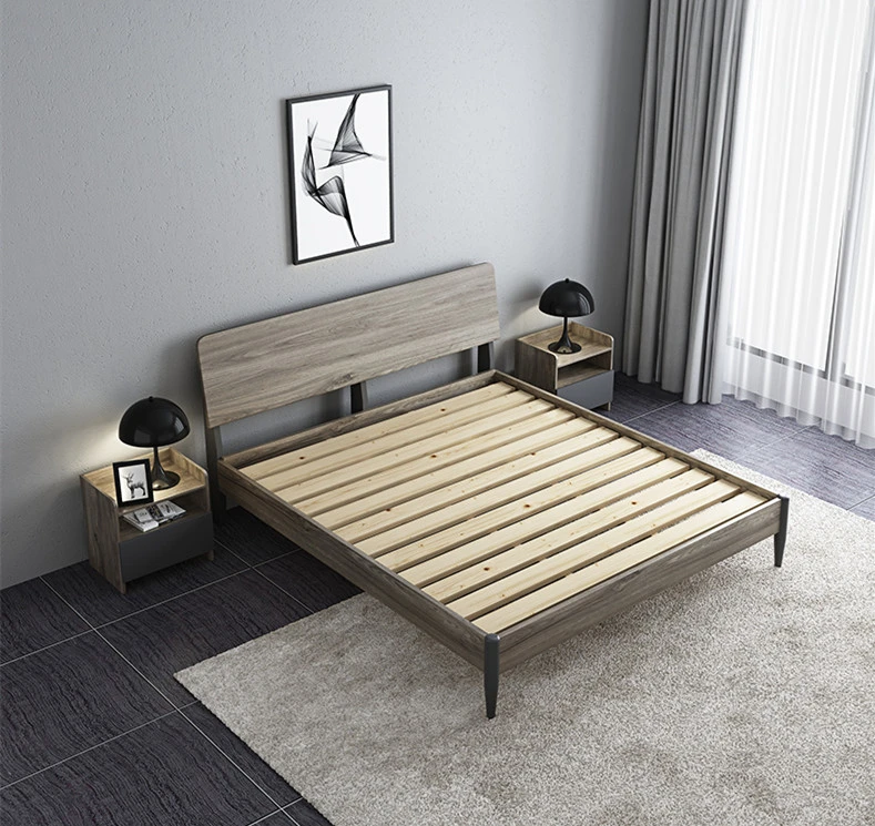 Light Gray Color Nordic Modern Style Home Hotel Bedroom Furniture Wooden Beds