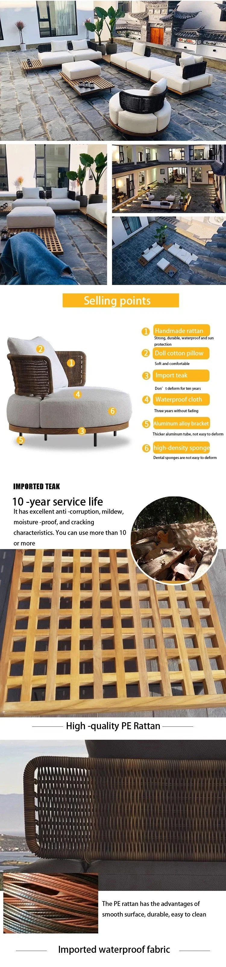 Modern Durable Outdoor Garden Patio Furniture Lovely Rattan Teak Wood Sofa Set Furniture