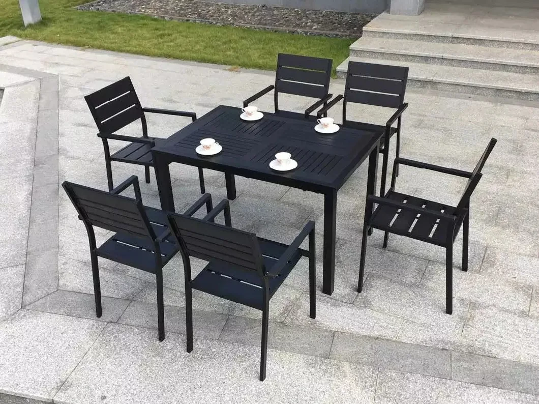 6+1 Good Quality Bali Outdoor Teak Look Outdoor Furniture Dining 9 PCS Plastic Wood Stacked Tables and Chairs Garden Sets