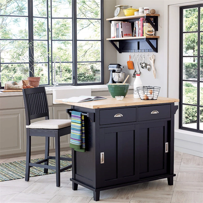 Hot Sell Home furniture China Manufacture 2 Doors &amp; 2 Drawers Black Painting Oak Wooden Kitchen Island
