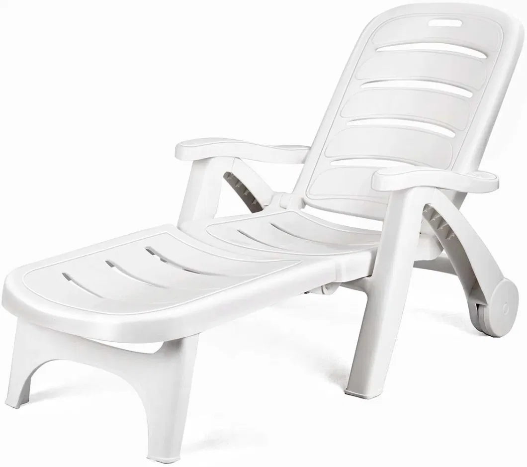 Plastic Folding Lounger Chaise Chair on Wheels Outdoor Patio Deck Chair Adjustable Rolling Lounger 5 Position Recliner W/Armrests, White