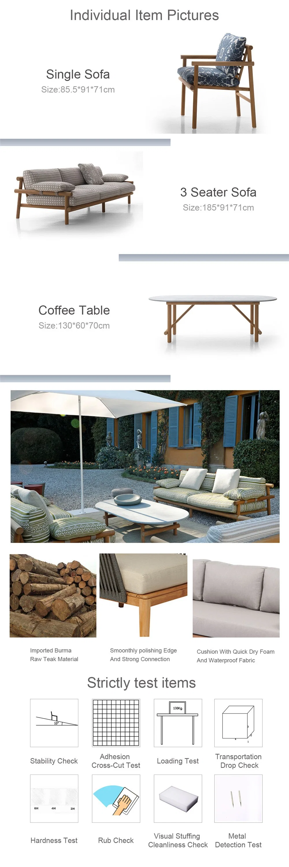 Round Patio Garden Furniture Outdoor Solid Wood Teak Chaise Sectional Sofa for Hotel and Resort