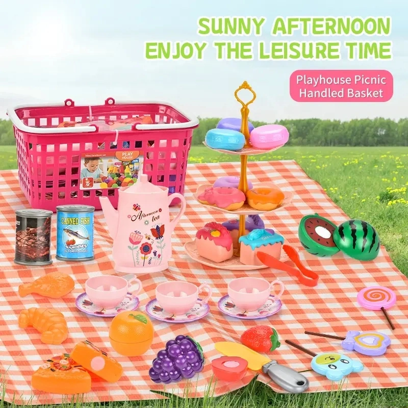 Pretend Toys Children&prime;s Playhouse Outdoor Picnic Toy Food Tea Set Portable Summer Sunshine Interesting Colorful Fruit Basket Set