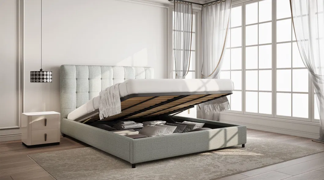 Hydraulic Lift-up Storage Bedwishupholstered Platform Bed, King Size, Light Gray