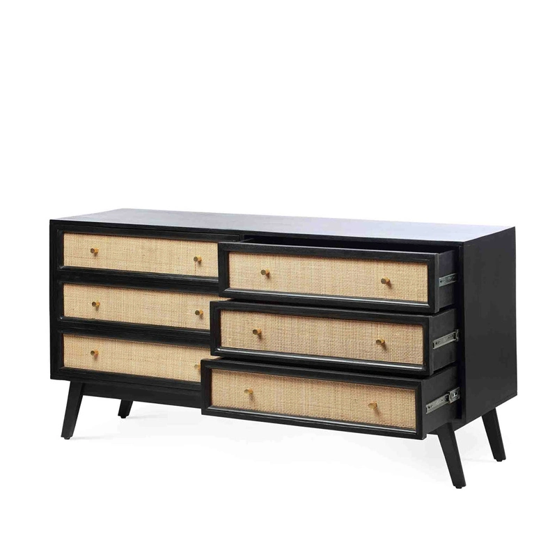 New in Black Painting Wood with Natural Cane 6 Drawer Chest Large Storage Rattan Cabinet for Home Living Room Bedroom Hotel Furniture