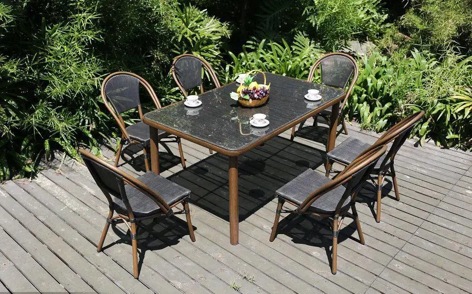 Outdoor Furniture High Quality Bamboo PE Rattan Wicker Bistro Cafe Garden Aluminum Metal Patio Chair and Table Dining Set