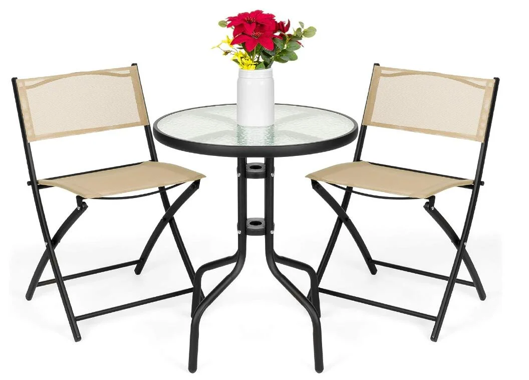 3-Piece Patio Bistro Dining Furniture Set with Folding Chairs and Glass Tabletop