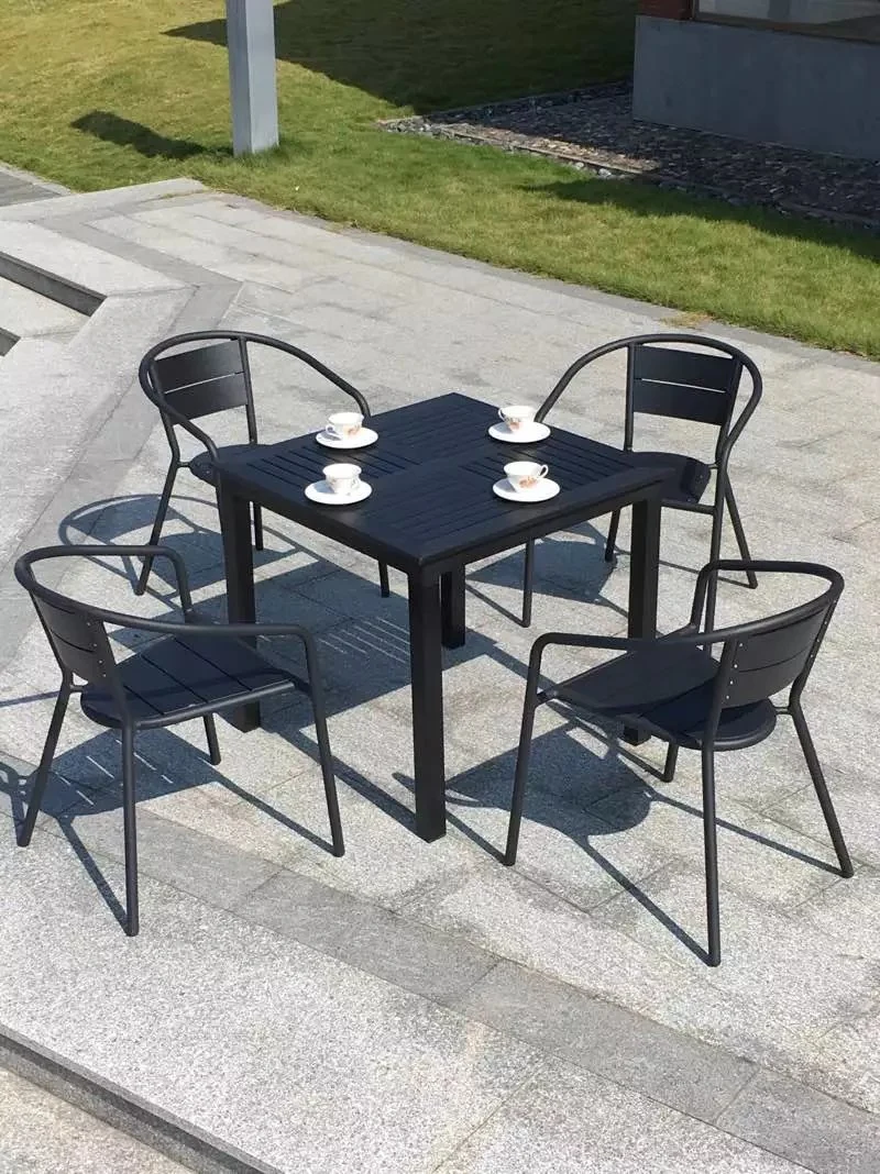 6+1 Good Quality Bali Outdoor Teak Look Outdoor Furniture Dining 9 PCS Plastic Wood Stacked Tables and Chairs Garden Sets