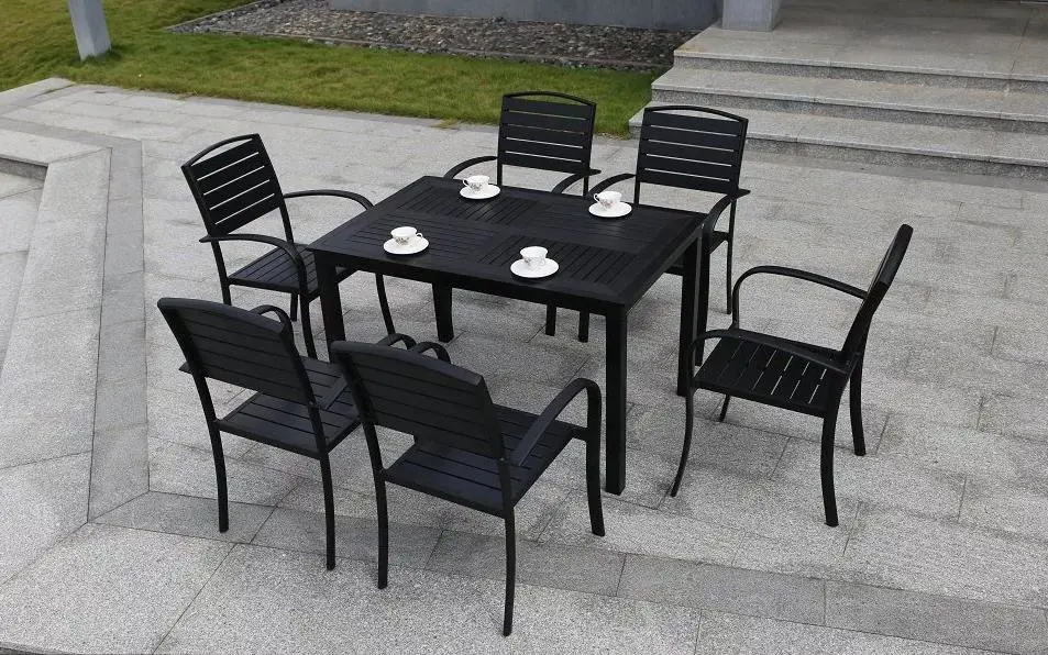 6+1 Good Quality Bali Outdoor Teak Look Outdoor Furniture Dining 9 PCS Plastic Wood Stacked Tables and Chairs Garden Sets