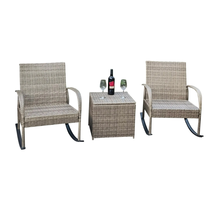 3 Piece Outdoor Patio Rattan Rocking Chair and Tea Table Set