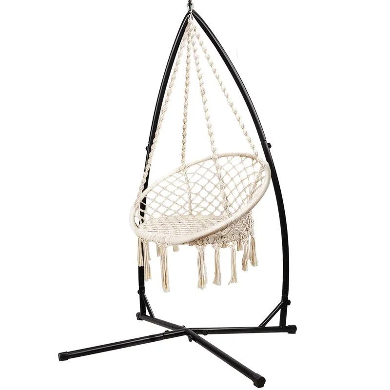 Garden Outdoor Hammock Chair Cotton Rope Swing Tassel Hanging Chair with Steel Stand