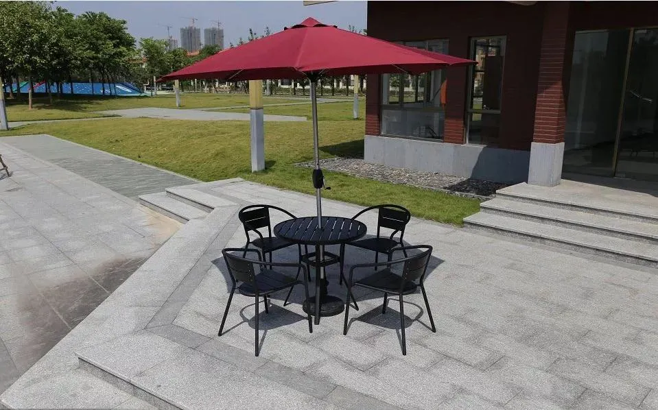 6+1 Good Quality Bali Outdoor Teak Look Outdoor Furniture Dining 9 PCS Plastic Wood Stacked Tables and Chairs Garden Sets