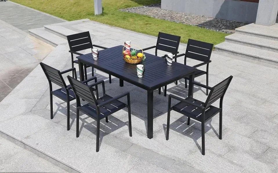 6+1 Good Quality Bali Outdoor Teak Look Outdoor Furniture Dining 9 PCS Plastic Wood Stacked Tables and Chairs Garden Sets