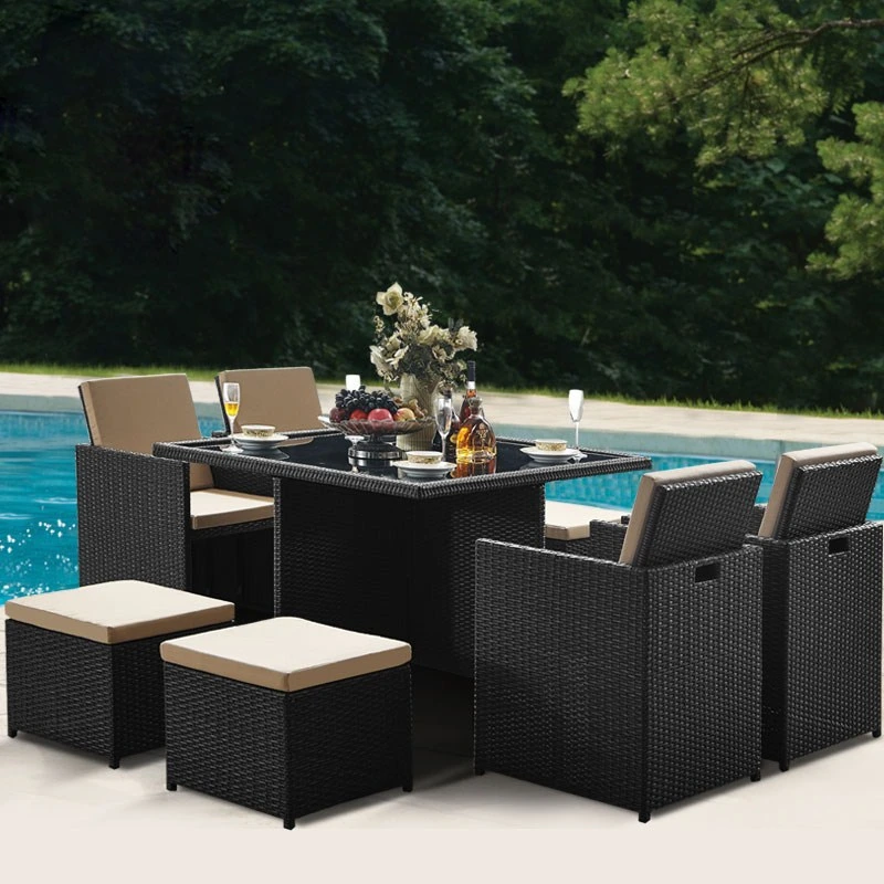 9PCS Waterproof Patio Furniture Rattan Wicker Dining Table Conversation Outdoor Garden Sofa Set