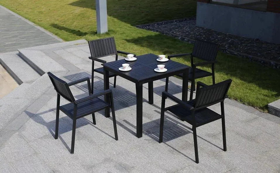 6+1 Good Quality Bali Outdoor Teak Look Outdoor Furniture Dining 9 PCS Plastic Wood Stacked Tables and Chairs Garden Sets