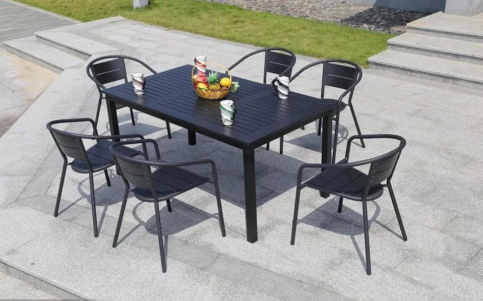 6+1 Good Quality Bali Outdoor Teak Look Outdoor Furniture Dining 9 PCS Plastic Wood Stacked Tables and Chairs Garden Sets