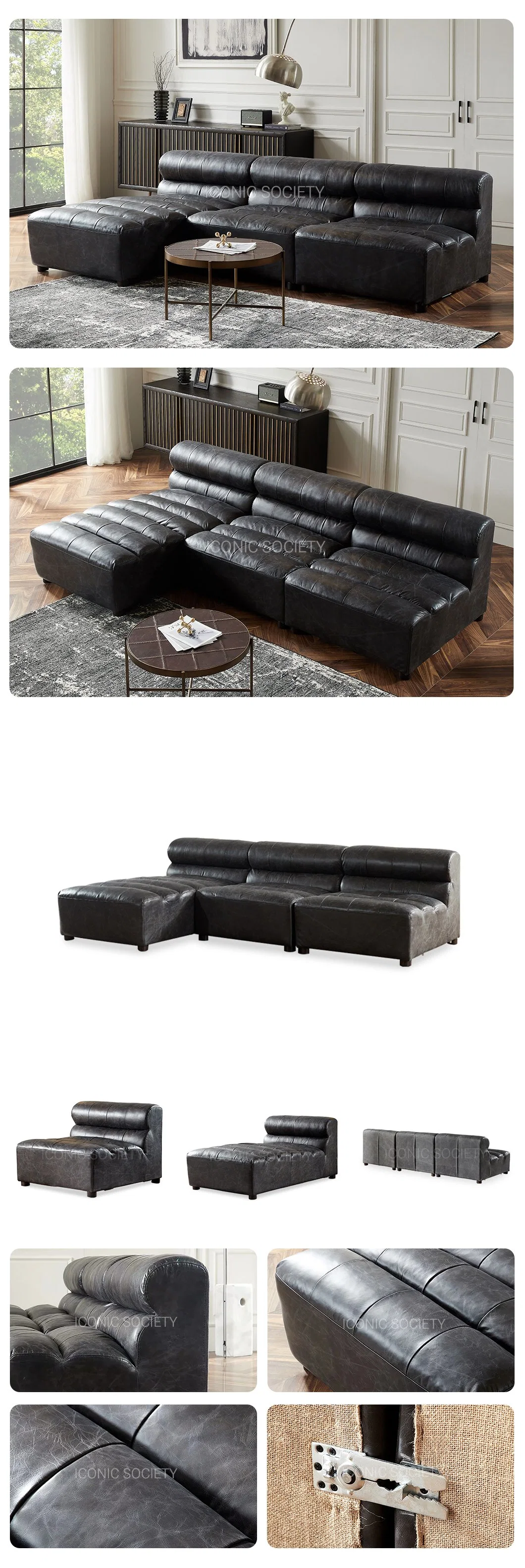 Sectional Modern Living Room Sitting Room Furniture Office Hotel Solid Motion Modular Genuine Leather Sofa Set