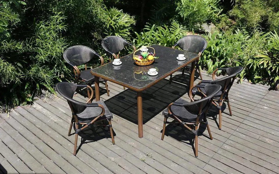 Outdoor Furniture High Quality Bamboo PE Rattan Wicker Bistro Cafe Garden Aluminum Metal Patio Chair and Table Dining Set