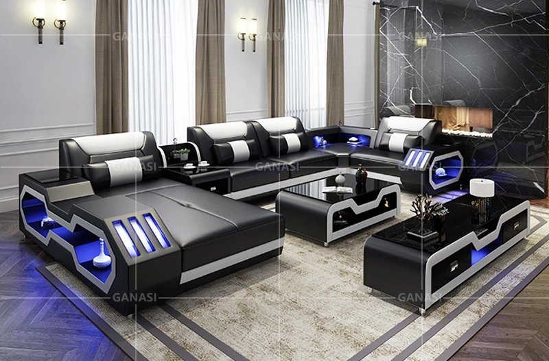 Dubai Commercial Office Furniture Genuine Leather Sectional Sofa Furniture with Coffee Table