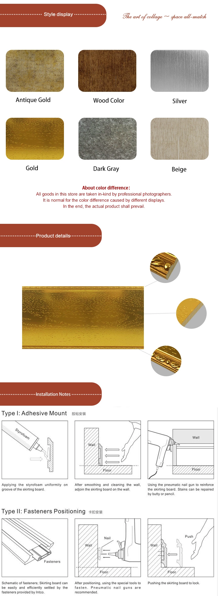 Banruo Low Price PS Polystyrene Gold Crown Moulding for Interior Decoration