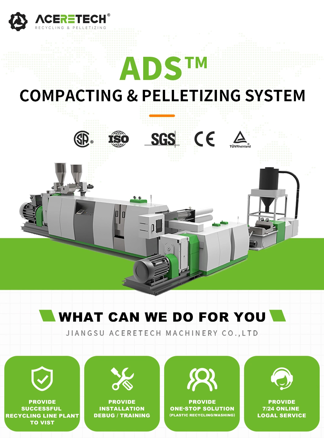 Ads Plastic Recycling Machine for HDPE Bottle Flakes Re-Pelletizing