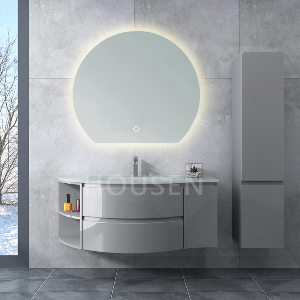 White Morden PVC Wall Hung Basin Half Round with Bathroom Cabinet with Glass Basin with LED Mirror