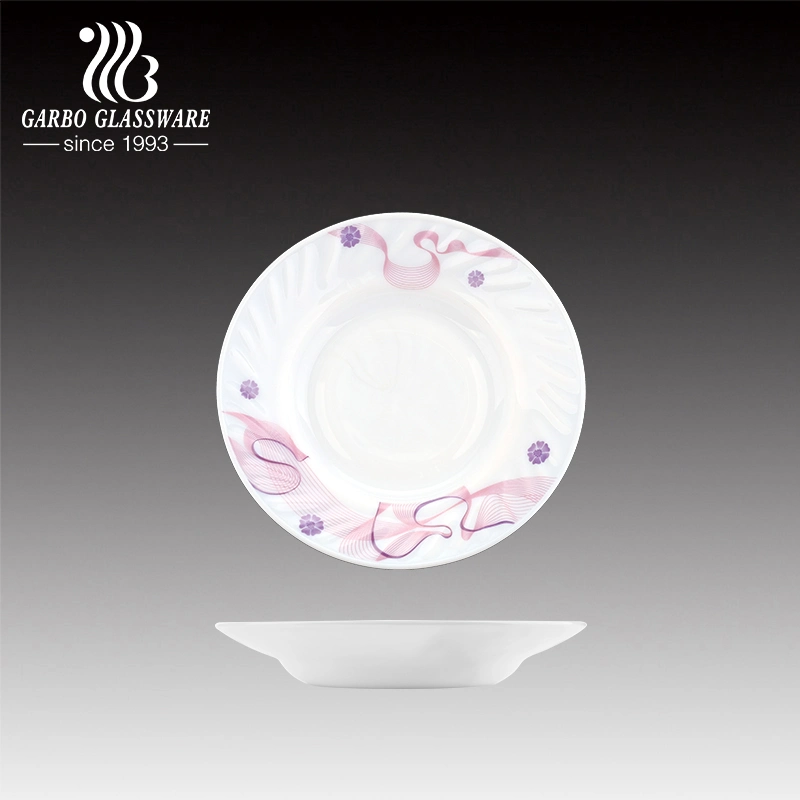 Opal Glass Dessert Dish 6 Inch Round Shape Deep Soup Plate with Decal Printing Customized Glass Tableware Food Serving Plate