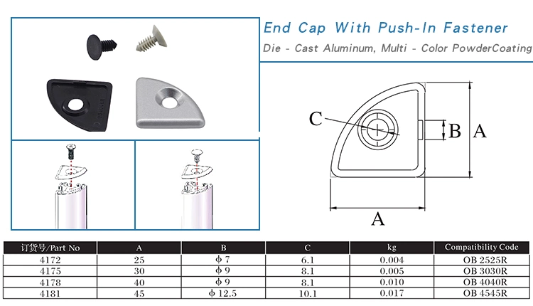 China Manufacturer 4181 R Shape Die Casting Aluminum End Cap 45mm in Silver and Black for T Slot Aluminum Extruded Profile 25 30 40 45