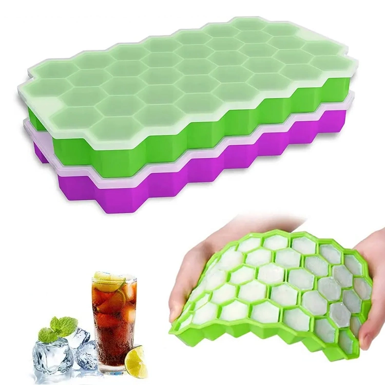 Food Grade Eco-Friendly Silicone Honeycomb Shape 37 Holes Silicone Ice Cube Tray Mold with Lids