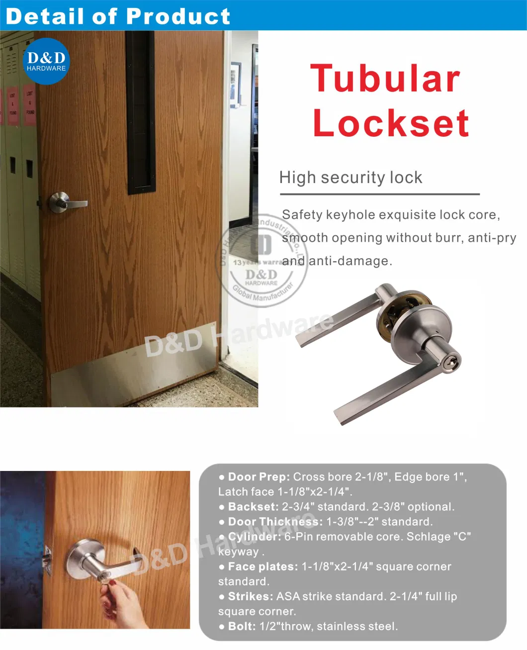 Zinc Alloy Lever Tubular Handle Lock with One Side Turn for School