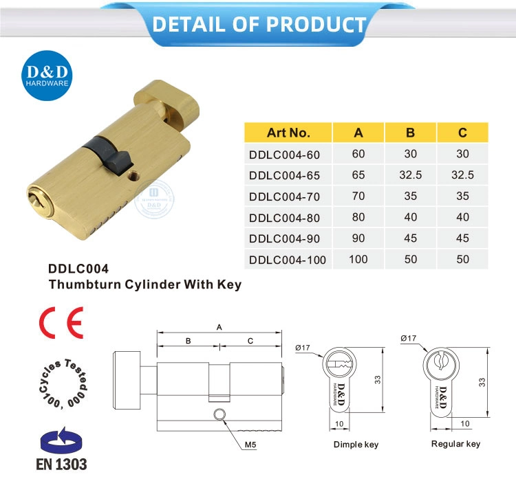 BS En1303 Euro Profile High Security Fire Rated Mortise Lock Core Solid Brass Entry Entrance Door Half Single Double Key Cylinder with Thumb Turn