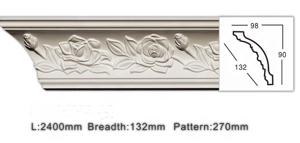 Rose Flower Cornice Good Quality Polyurethane Flower Crown Molding for Interior Decoration Width 98mm and 132mm